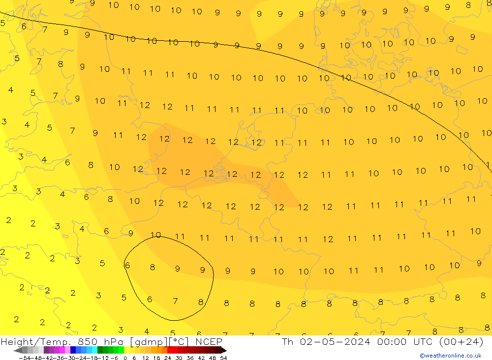 Height/Temp. 850 hPa NCEP 星期四 02.05.2024 00 UTC