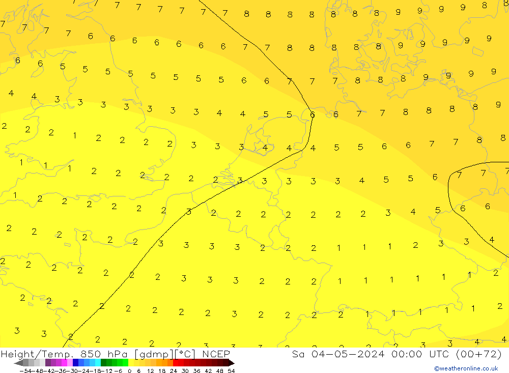 Hoogte/Temp. 850 hPa NCEP za 04.05.2024 00 UTC