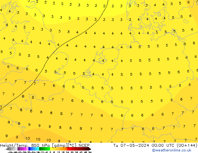 Hoogte/Temp. 850 hPa NCEP di 07.05.2024 00 UTC