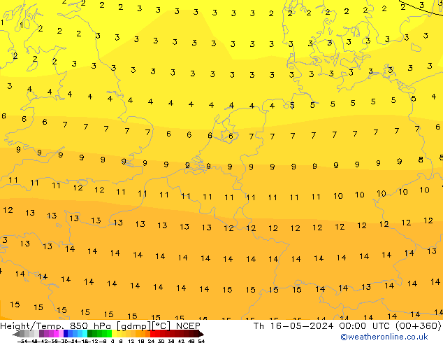 Height/Temp. 850 гПа NCEP чт 16.05.2024 00 UTC