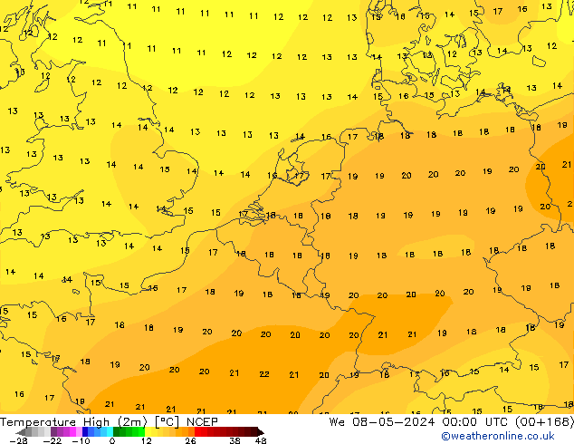 Max. Temperatura (2m) NCEP śro. 08.05.2024 00 UTC