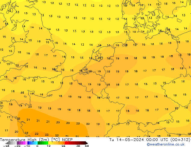 Max. Temperatura (2m) NCEP wto. 14.05.2024 00 UTC