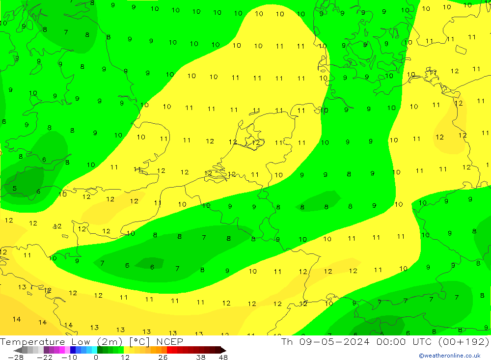 temperatura mín. (2m) NCEP Qui 09.05.2024 00 UTC