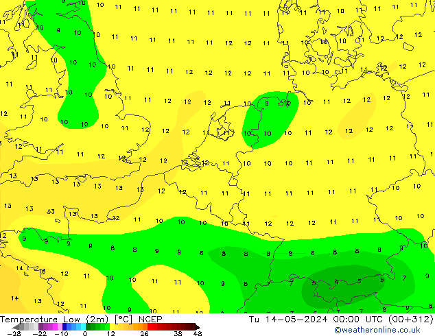 Nejnižší teplota (2m) NCEP Út 14.05.2024 00 UTC