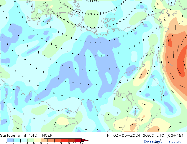 Vent 10 m (bft) NCEP ven 03.05.2024 00 UTC