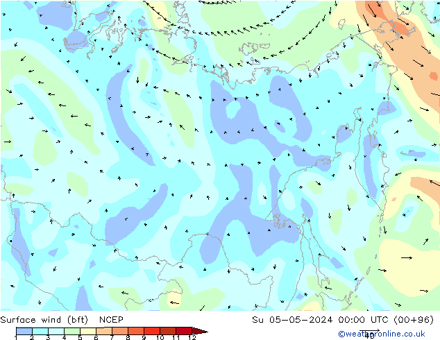 Rüzgar 10 m (bft) NCEP Paz 05.05.2024 00 UTC