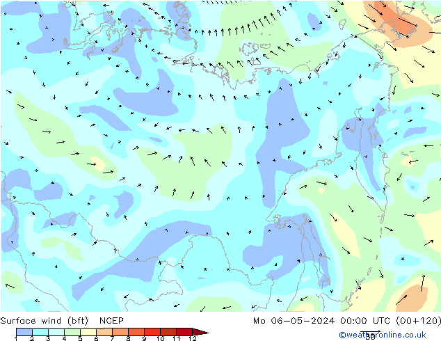 wiatr 10 m (bft) NCEP pon. 06.05.2024 00 UTC