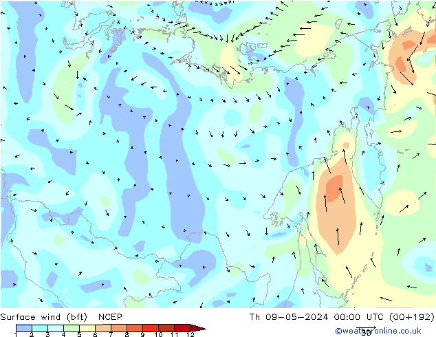 Surface wind (bft) NCEP Th 09.05.2024 00 UTC