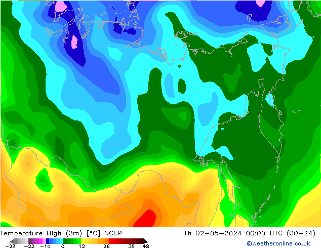 Max. Temperatura (2m) NCEP czw. 02.05.2024 00 UTC