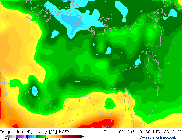 Nejvyšší teplota (2m) NCEP Út 14.05.2024 00 UTC