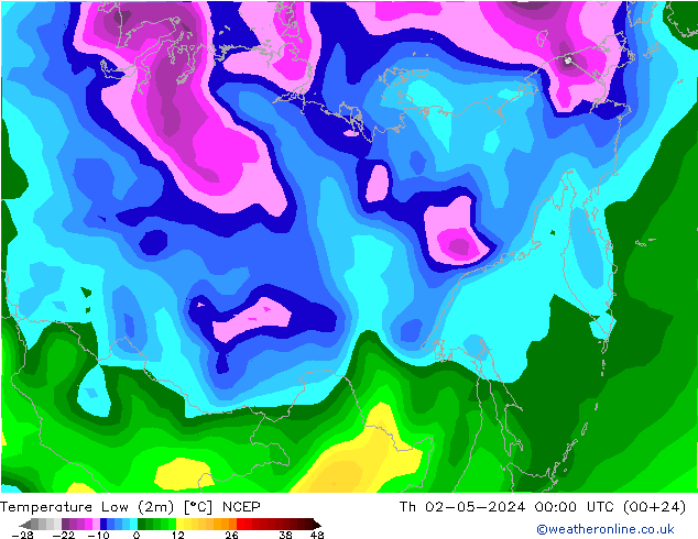 Temperature Low (2m) NCEP Th 02.05.2024 00 UTC