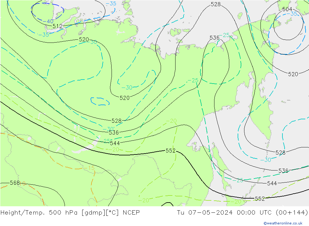Height/Temp. 500 гПа NCEP вт 07.05.2024 00 UTC