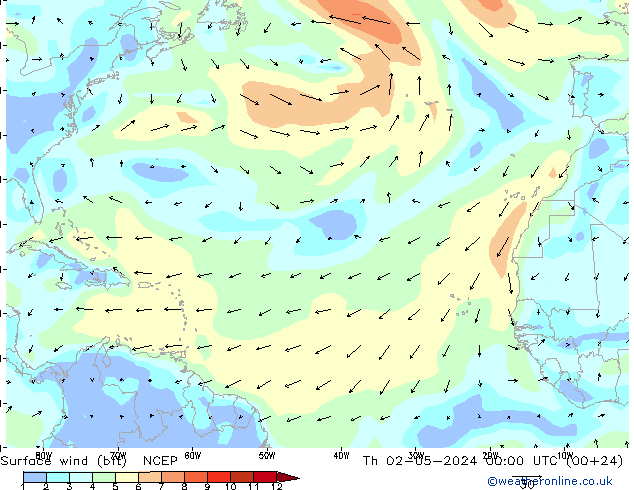 Surface wind (bft) NCEP Čt 02.05.2024 00 UTC