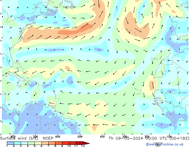 Surface wind (bft) NCEP Čt 09.05.2024 00 UTC