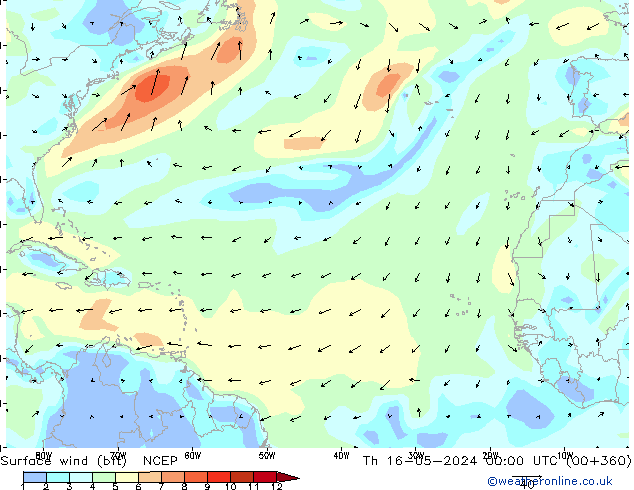 Surface wind (bft) NCEP Th 16.05.2024 00 UTC
