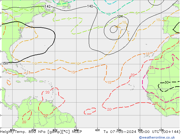 Hoogte/Temp. 850 hPa NCEP di 07.05.2024 00 UTC