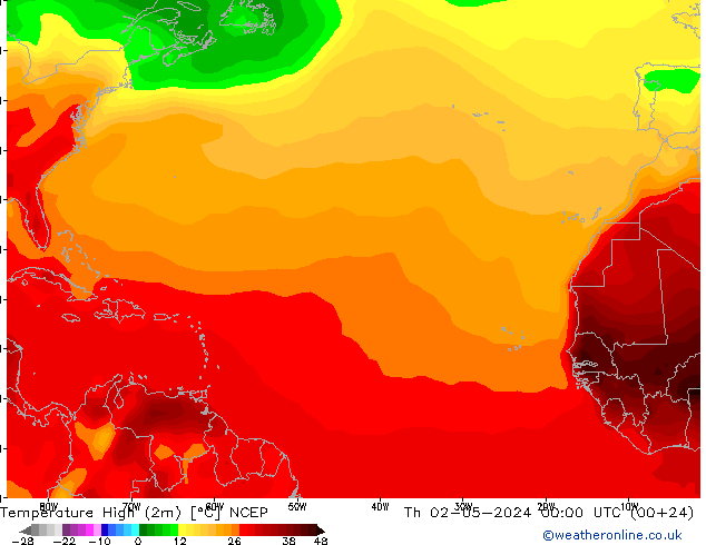 Temp. massima (2m) NCEP gio 02.05.2024 00 UTC