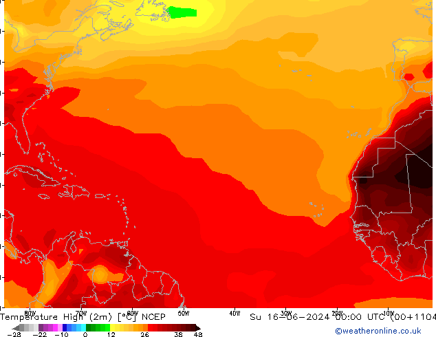 Max.temperatuur (2m) NCEP zo 16.06.2024 00 UTC