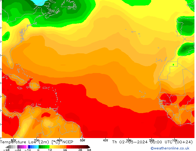 Nejnižší teplota (2m) NCEP Čt 02.05.2024 00 UTC