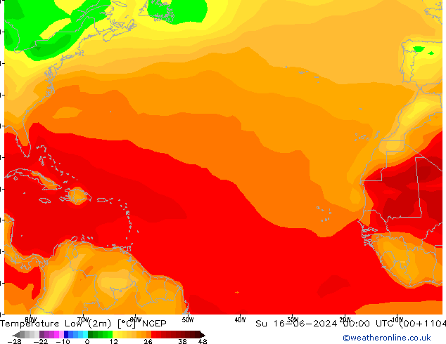 Min.temperatuur (2m) NCEP zo 16.06.2024 00 UTC