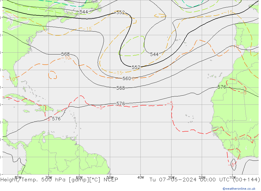 Height/Temp. 500 hPa NCEP Út 07.05.2024 00 UTC