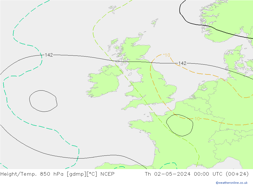 Height/Temp. 850 гПа NCEP чт 02.05.2024 00 UTC
