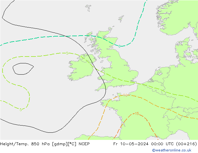 Hoogte/Temp. 850 hPa NCEP vr 10.05.2024 00 UTC