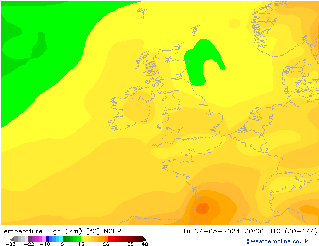 Nejvyšší teplota (2m) NCEP Út 07.05.2024 00 UTC