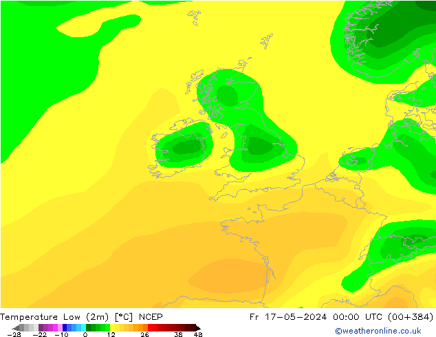 Min.temperatuur (2m) NCEP vr 17.05.2024 00 UTC