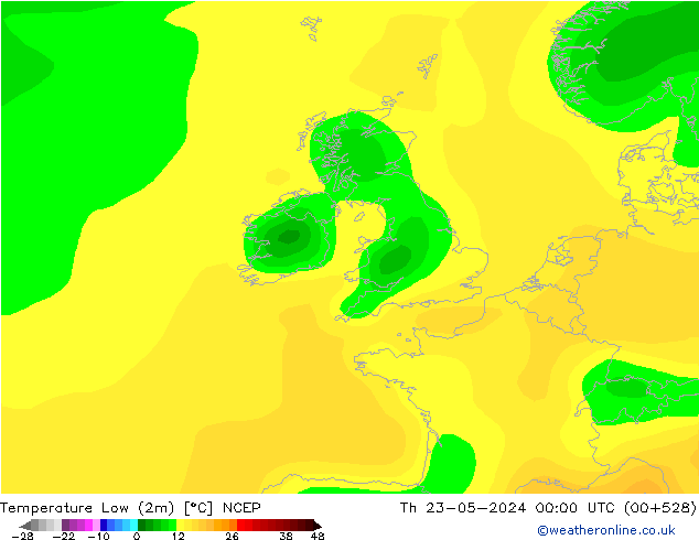 Nejnižší teplota (2m) NCEP Čt 23.05.2024 00 UTC