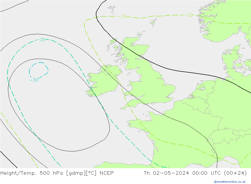 Height/Temp. 500 hPa NCEP gio 02.05.2024 00 UTC