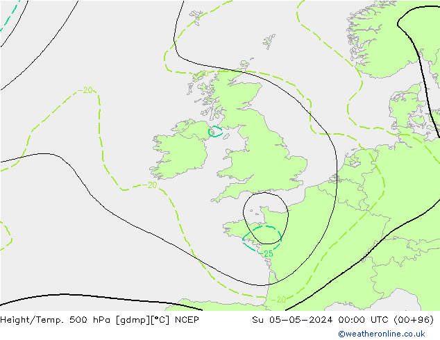 Hoogte/Temp. 500 hPa NCEP zo 05.05.2024 00 UTC