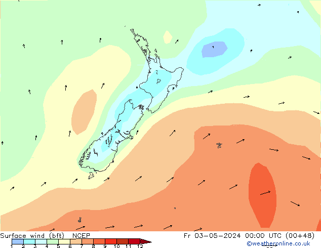 Surface wind (bft) NCEP Fr 03.05.2024 00 UTC
