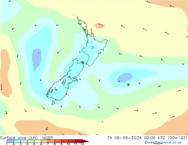 Surface wind (bft) NCEP Th 09.05.2024 00 UTC