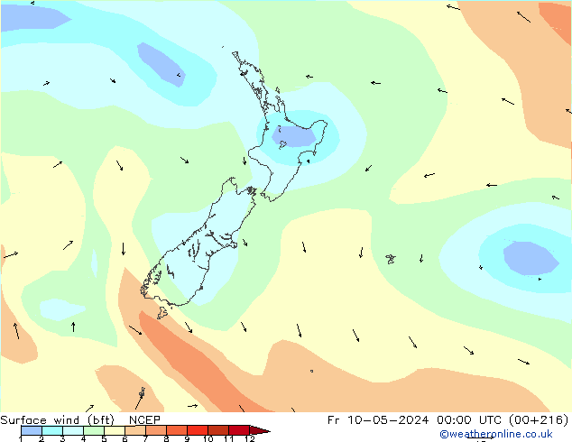 wiatr 10 m (bft) NCEP pt. 10.05.2024 00 UTC