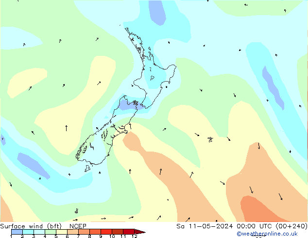 Surface wind (bft) NCEP Sa 11.05.2024 00 UTC