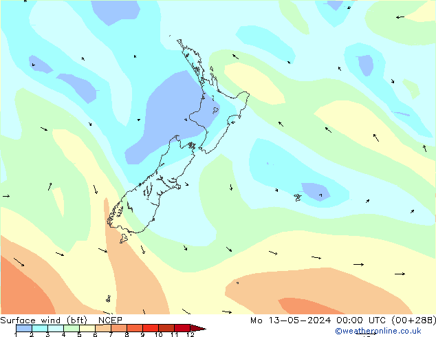 Surface wind (bft) NCEP Mo 13.05.2024 00 UTC