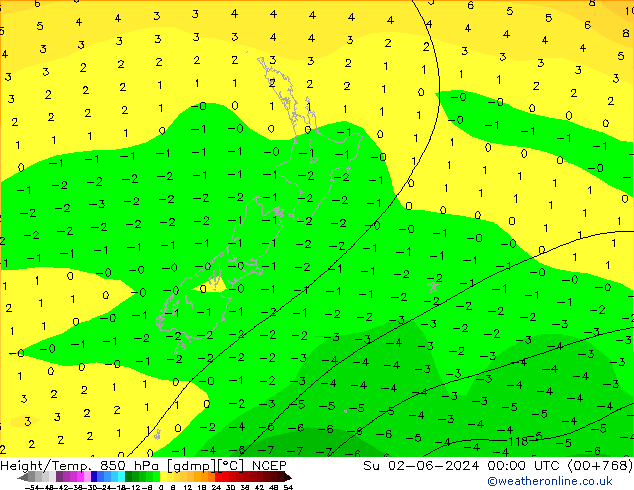 Géop./Temp. 850 hPa NCEP dim 02.06.2024 00 UTC