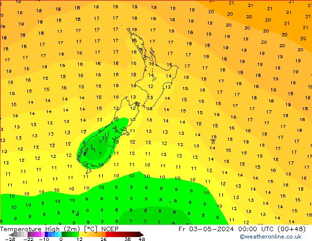 Nejvyšší teplota (2m) NCEP Pá 03.05.2024 00 UTC