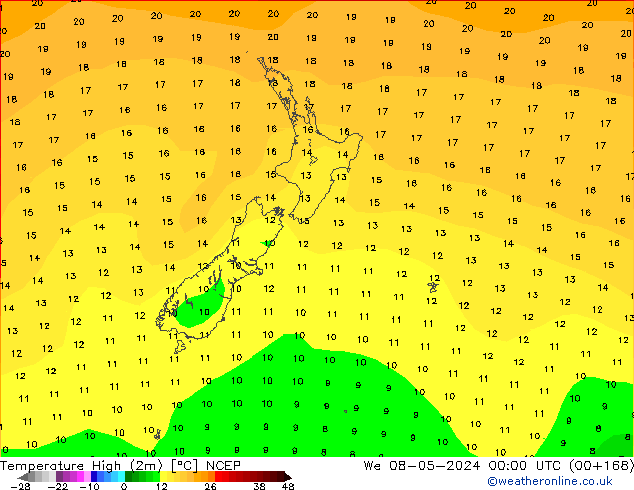 Temp. massima (2m) NCEP mer 08.05.2024 00 UTC