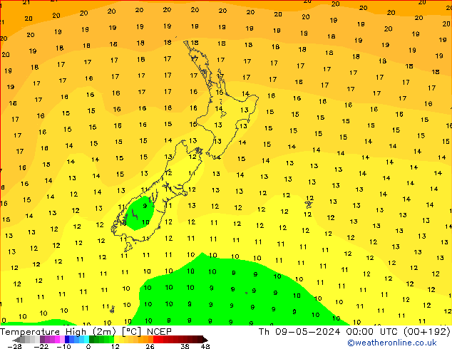 Max.temperatuur (2m) NCEP do 09.05.2024 00 UTC