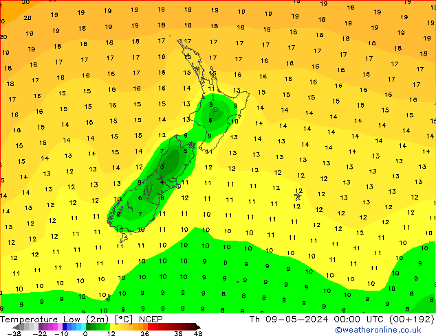 Temperature Low (2m) NCEP Th 09.05.2024 00 UTC