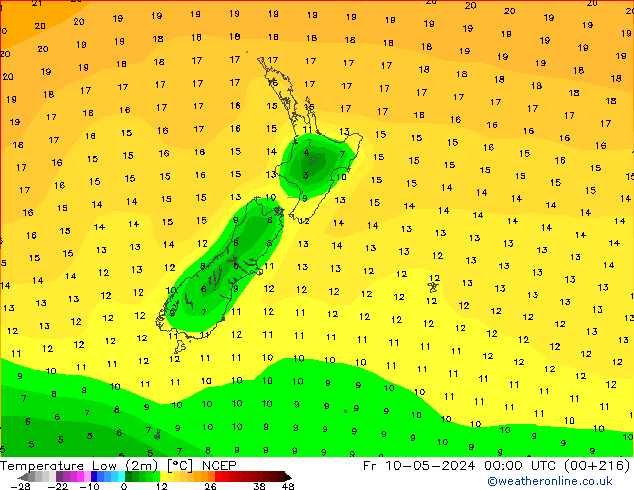 Nejnižší teplota (2m) NCEP Pá 10.05.2024 00 UTC