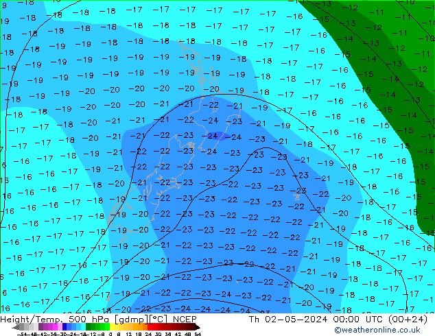 Height/Temp. 500 гПа NCEP чт 02.05.2024 00 UTC