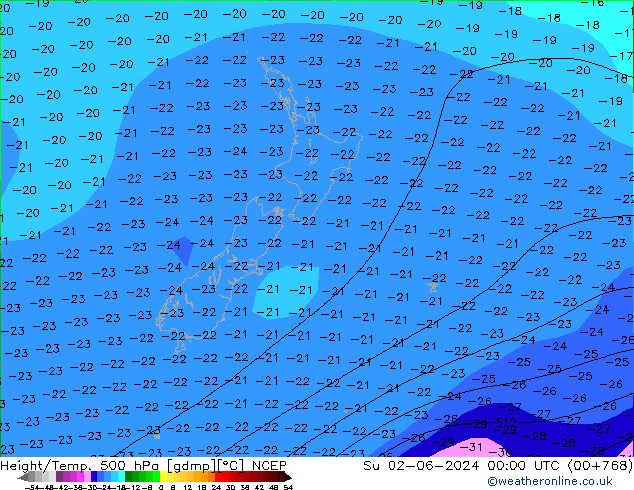 Height/Temp. 500 hPa NCEP dom 02.06.2024 00 UTC