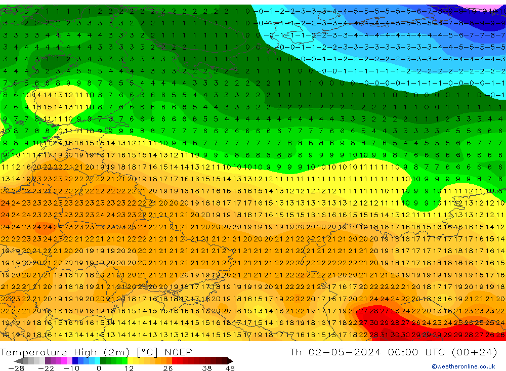 Max.temperatuur (2m) NCEP do 02.05.2024 00 UTC