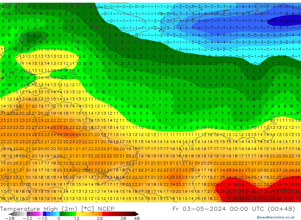 Nejvyšší teplota (2m) NCEP Pá 03.05.2024 00 UTC
