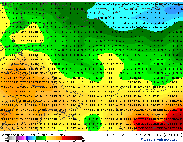 Max. Temperatura (2m) NCEP wto. 07.05.2024 00 UTC