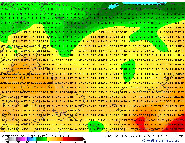 Höchstwerte (2m) NCEP Mo 13.05.2024 00 UTC