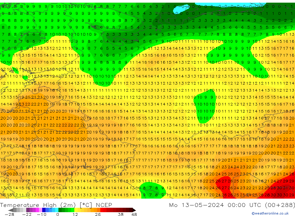 Maksimum Değer (2m) NCEP Pzt 13.05.2024 00 UTC